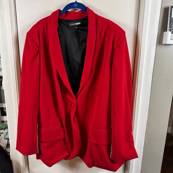 Fashion Nova Red Rhinestone Trim Blazer Jacket – Size 3X - Picture 2 of 8